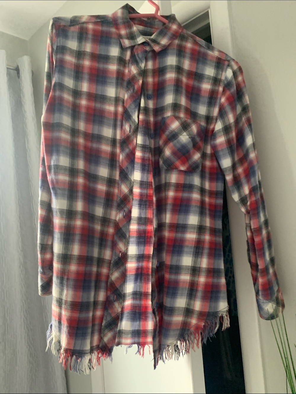 Plaid Fringe Hem Button-Up Shirt - Red, Blue & White
